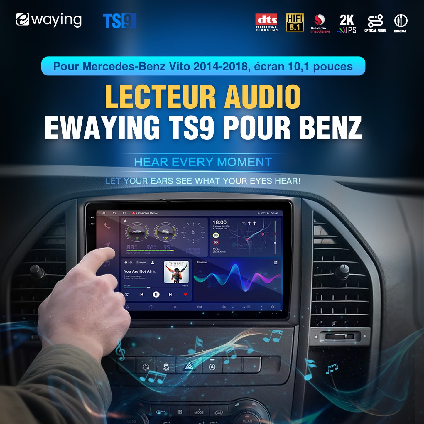 Autoradio Android pour Mercedes-Benz Vito 10,1 pouces 2K HD Écran tactile WiFi Bluetooth DSP Audio TS9 CarPlay Stéréo