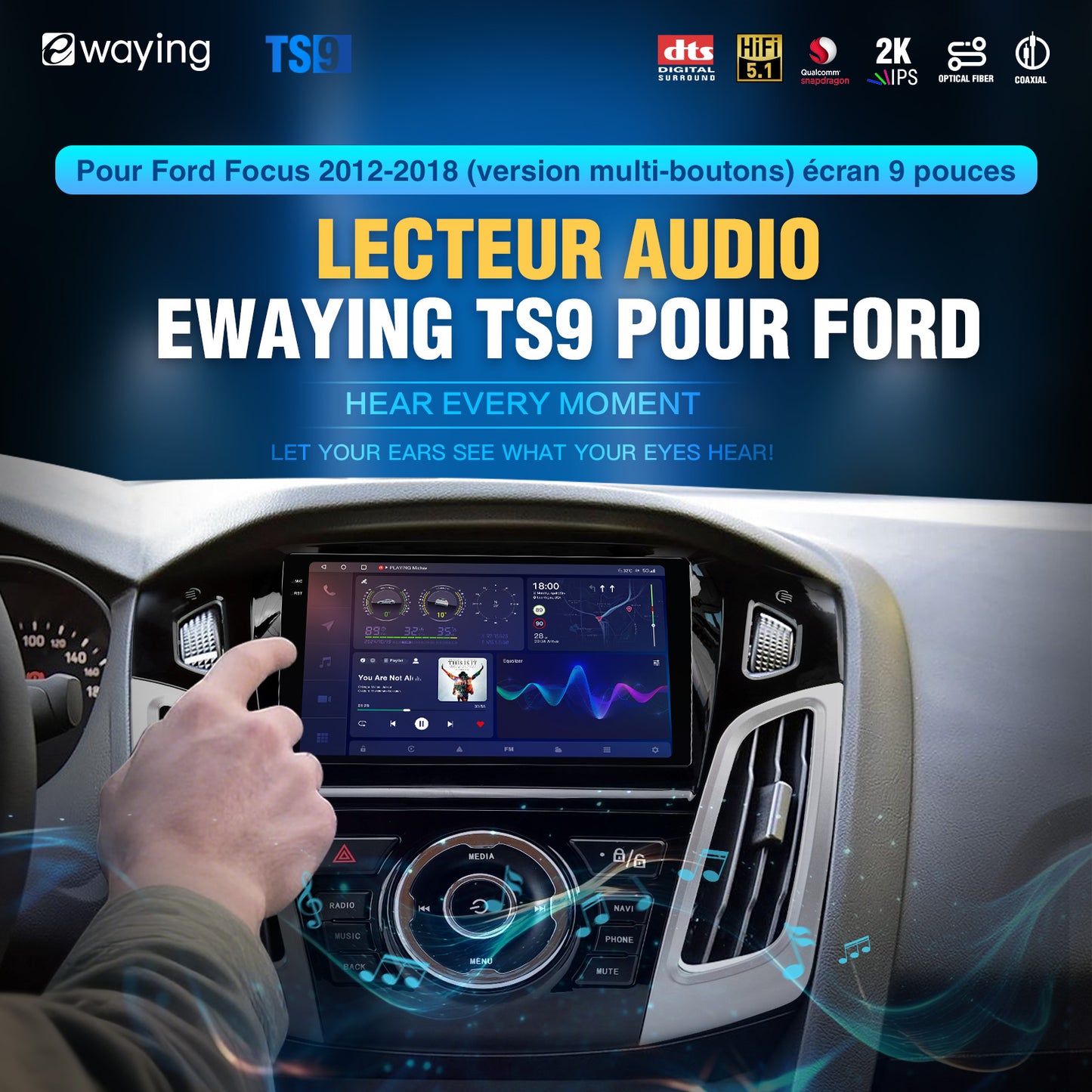 Autoradio 5G WIFI pour Ford Focus 2012-2018, 9 pouces, stéréo, sans fil, Carplay, Android Auto, DTS, Bluetooth, navigation GPS, mise à niveau