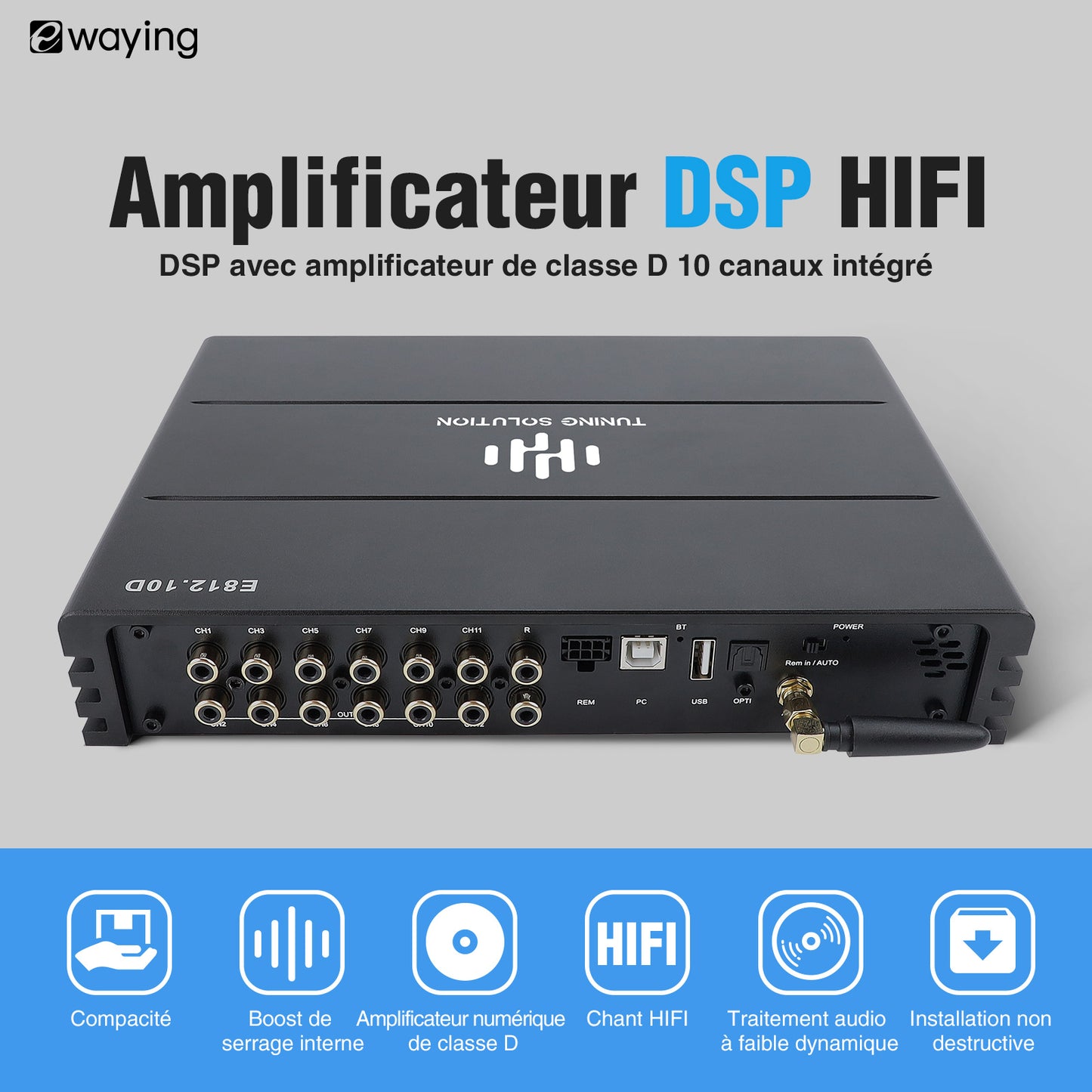 Amplificateur DSP HiFi intégré 10 canaux compatible avec boîtier audio Ethernet optique et écran Android avec sortie coaxiale