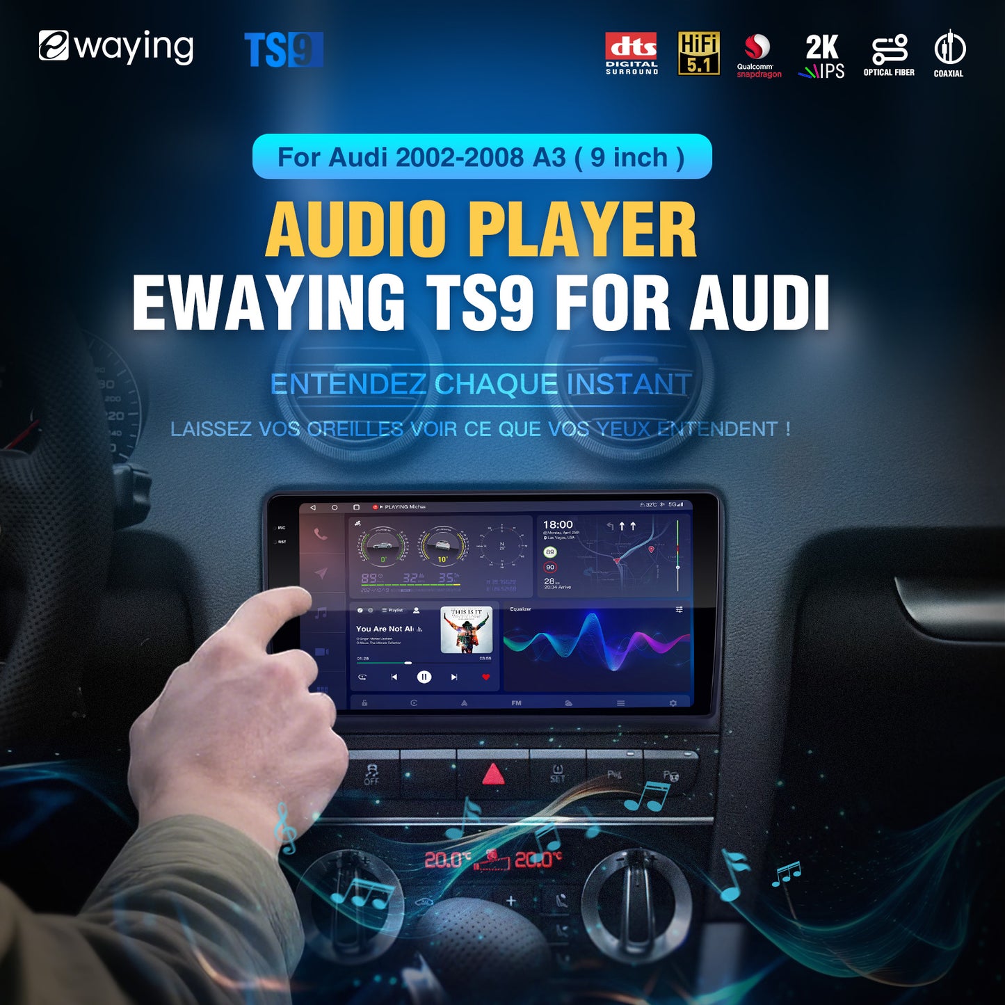 Pour Audi A3 S3 RS3 2002-2009 Autoradio Apple Carplay Android Auto Écran 2K GPS Bluetooth Unité Principale Stéréo Lecteur Audio Caméra de recul Appareil