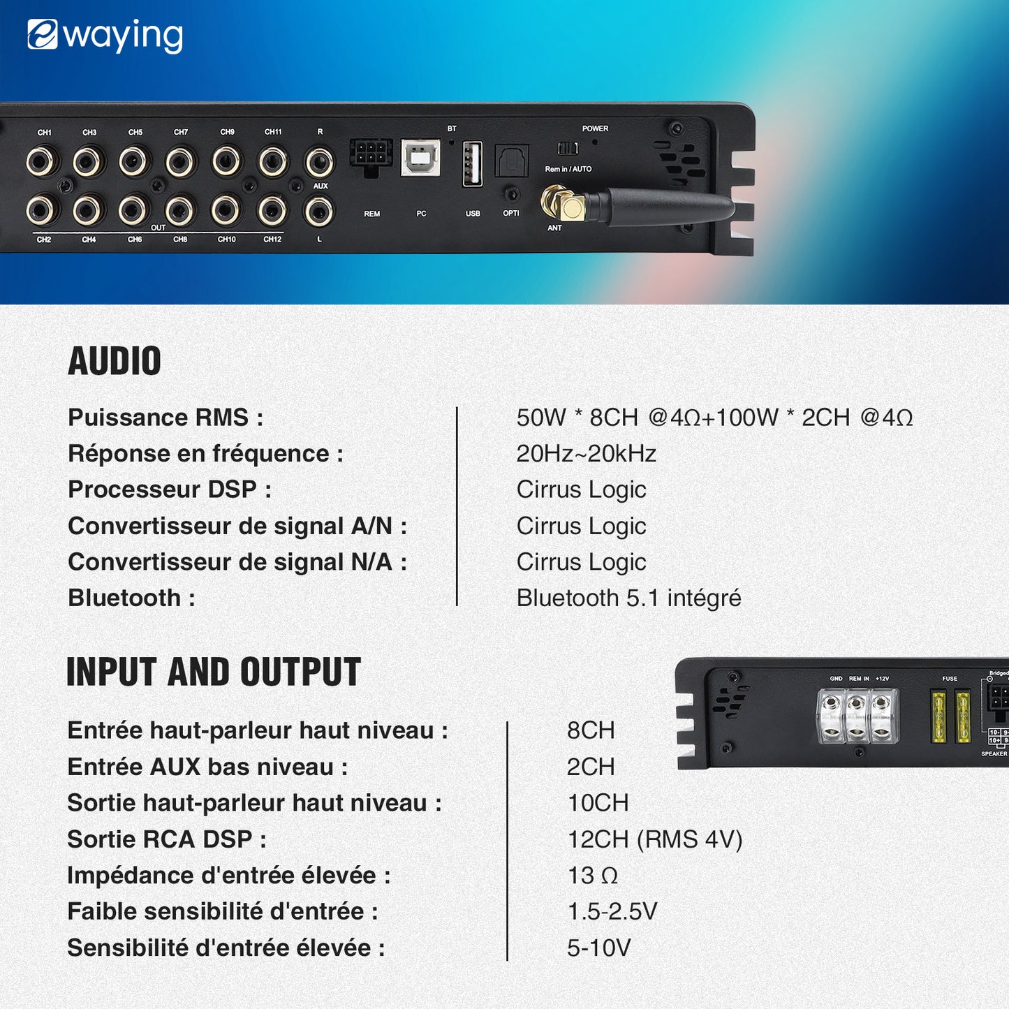 Amplificateur DSP HiFi intégré 10 canaux compatible avec boîtier audio Ethernet optique et écran Android avec sortie coaxiale