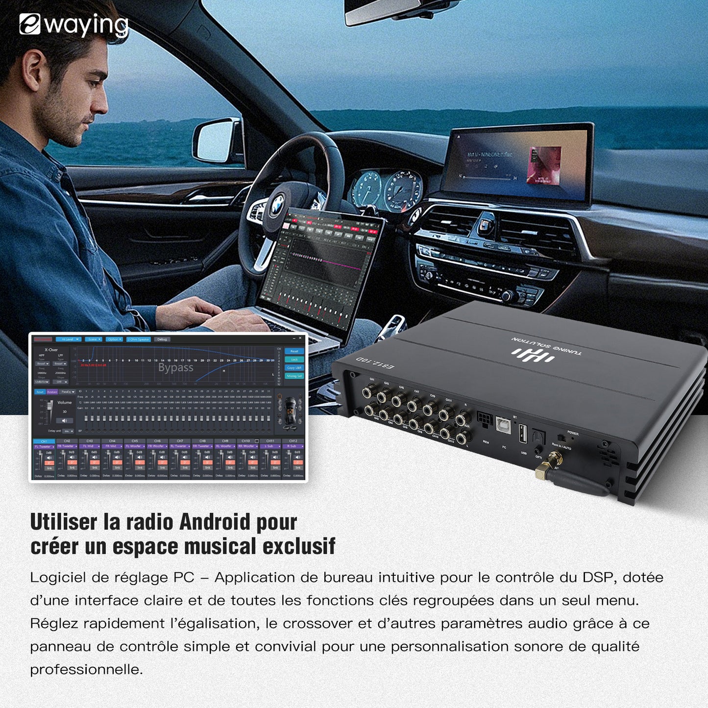 Amplificateur DSP HiFi intégré 10 canaux compatible avec boîtier audio Ethernet optique et écran Android avec sortie coaxiale