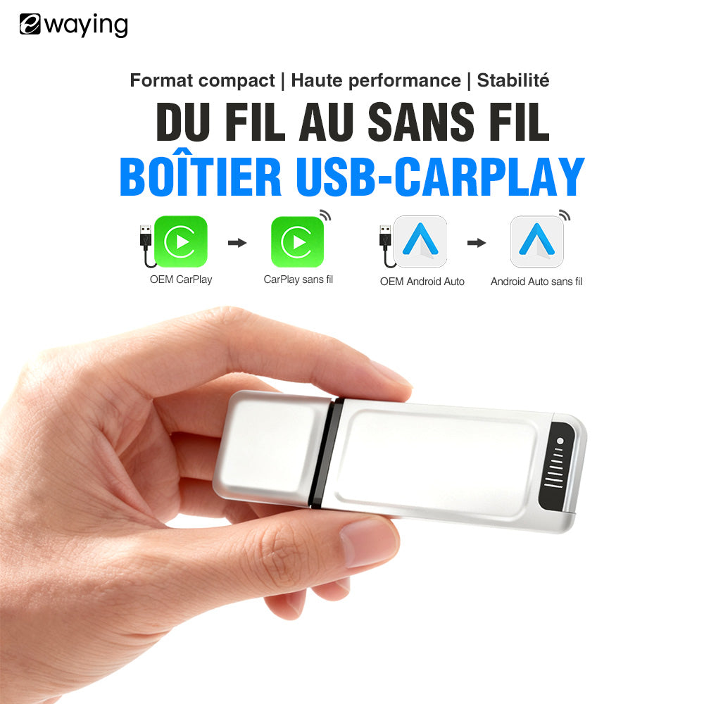 L'adaptateur 2 en 1 pour CarPlay et Android Auto convertit une connexion filaire en une connexion sans fil et est compatible via USB avec les véhicules équipés de CarPlay ou d'Android Auto.