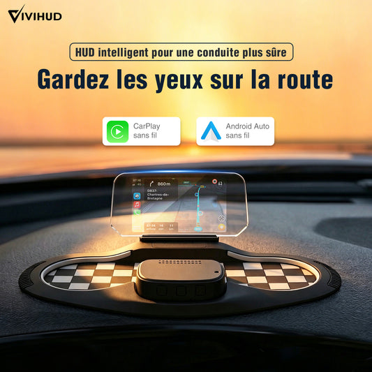 VIVIHUD Affichage Tête Haute V5 Ultra HUD à Projection Sur Pare Brise Voiture CarPlay Sans Fil Android Auto OBD2 GPS Avec Luminosité Automatique Navigation, Compteu