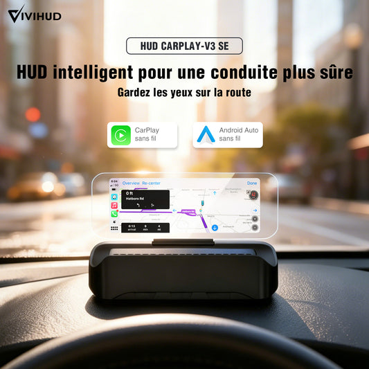 Affichage tête haute VIVIHUD V3 SE avec fonction de navigation, compatible CarPlay et Android Auto sans fil, navigation par projection haute résolution, contrôle de la musique Bluetooth