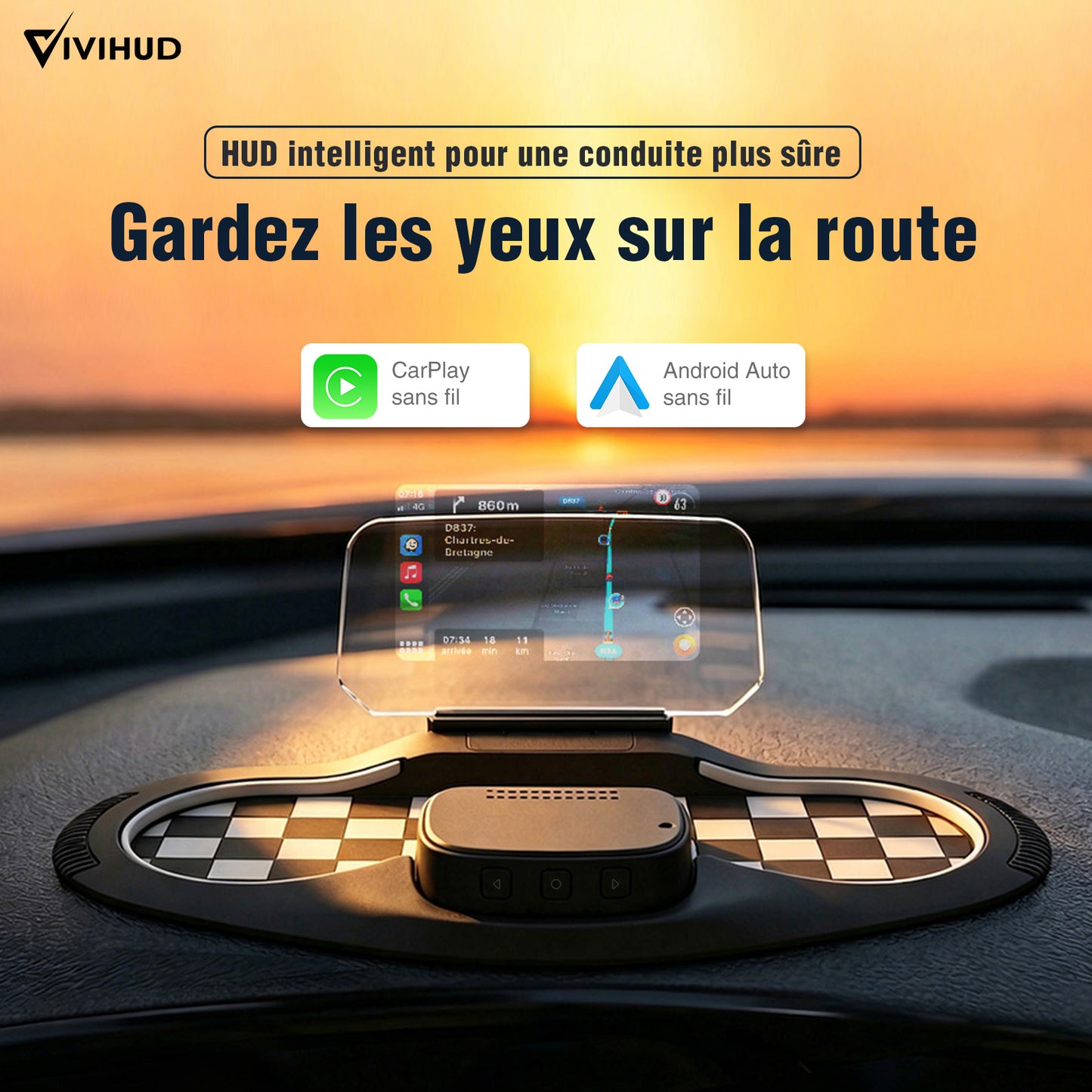 VIVIHUD Affichage Tête Haute V5 Ultra HUD à Projection Sur Pare Brise Voiture CarPlay Sans Fil Android Auto OBD2 GPS Avec Luminosité Automatique Navigation, Compteu