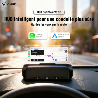 Affichage tête haute VIVIHUD V3 SE avec fonction de navigation, compatible CarPlay et Android Auto sans fil, navigation par projection haute résolution, contrôle de la musique Bluetooth