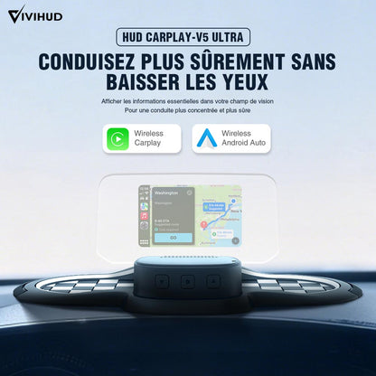 VIVIHUD Affichage Tête Haute V5 Ultra HUD à Projection Sur Pare Brise Voiture CarPlay Sans Fil Android Auto OBD2 GPS Avec Luminosité Automatique Navigation, Compteu