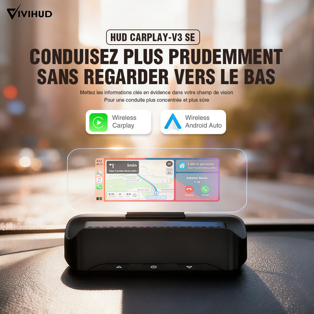 Affichage tête haute VIVIHUD V3 SE avec fonction de navigation, compatible CarPlay et Android Auto sans fil, navigation par projection haute résolution, contrôle de la musique Bluetooth