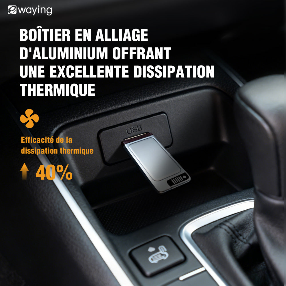 L'adaptateur 2 en 1 pour CarPlay et Android Auto convertit une connexion filaire en une connexion sans fil et est compatible via USB avec les véhicules équipés de CarPlay ou d'Android Auto.