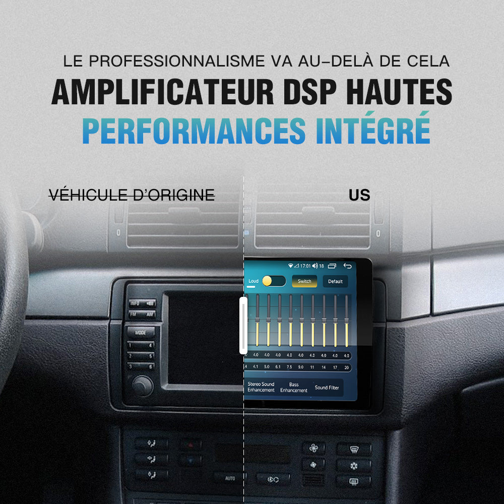 Autoradio Android 14 avec CarPlay et Android Auto sans fil pour BMW E46 325i M3 Berline - Lecteur audio avec réglages personnalisés.