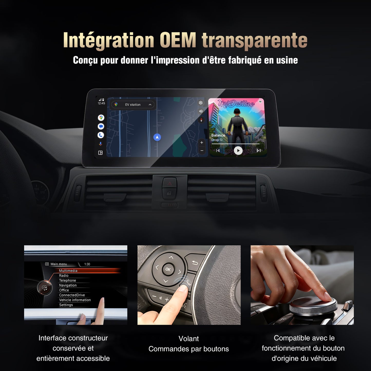 Compatibilité sans fil avec Apple CarPlay et Android Auto avec les BMW Série 3 Série 4 F30 F31 F34 F32 F33 F36 et F80 intégration OEM et Bluetooth d'origine du véhicule