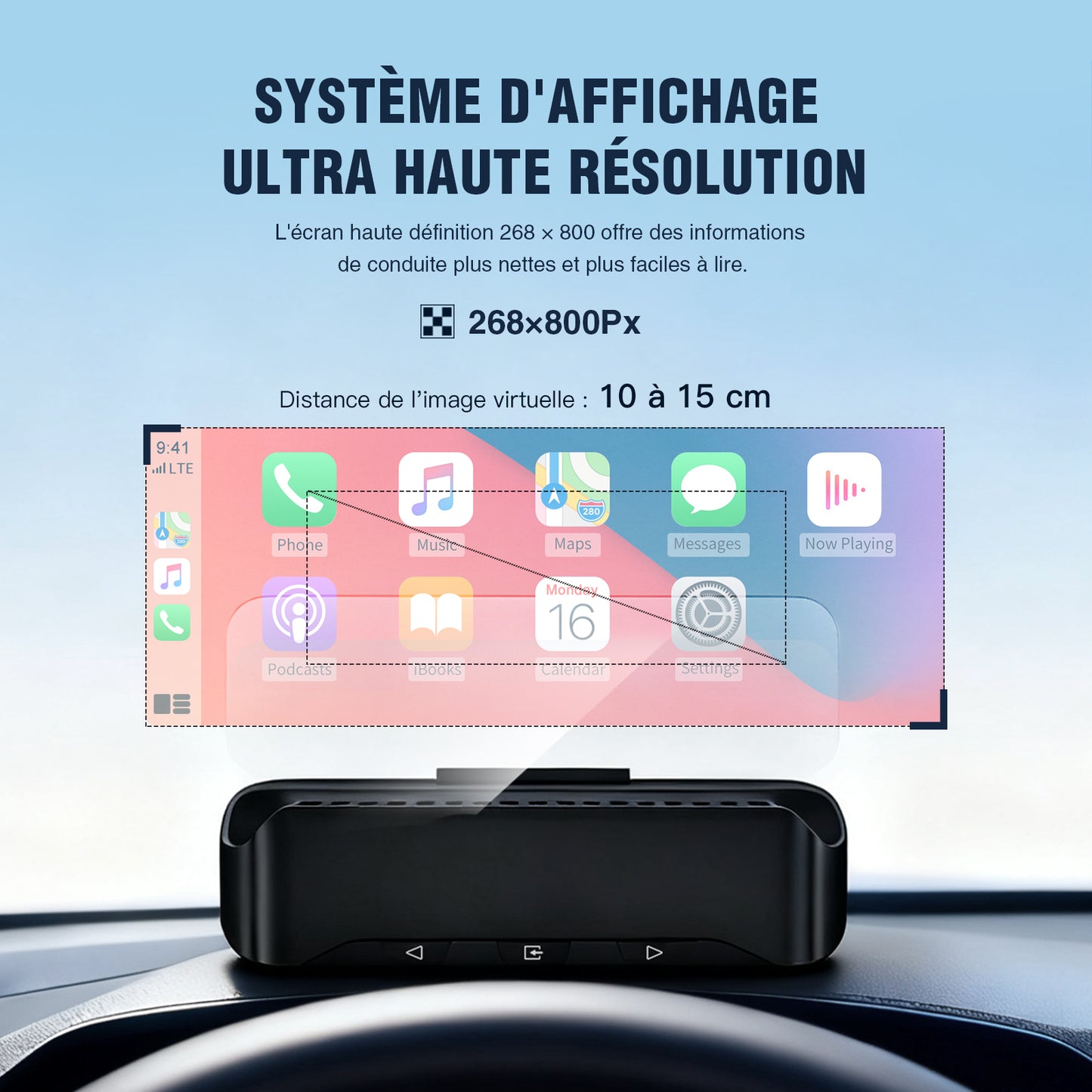 Affichage tête haute VIVIHUD V3 SE avec fonction de navigation, compatible CarPlay et Android Auto sans fil, navigation par projection haute résolution, contrôle de la musique Bluetooth