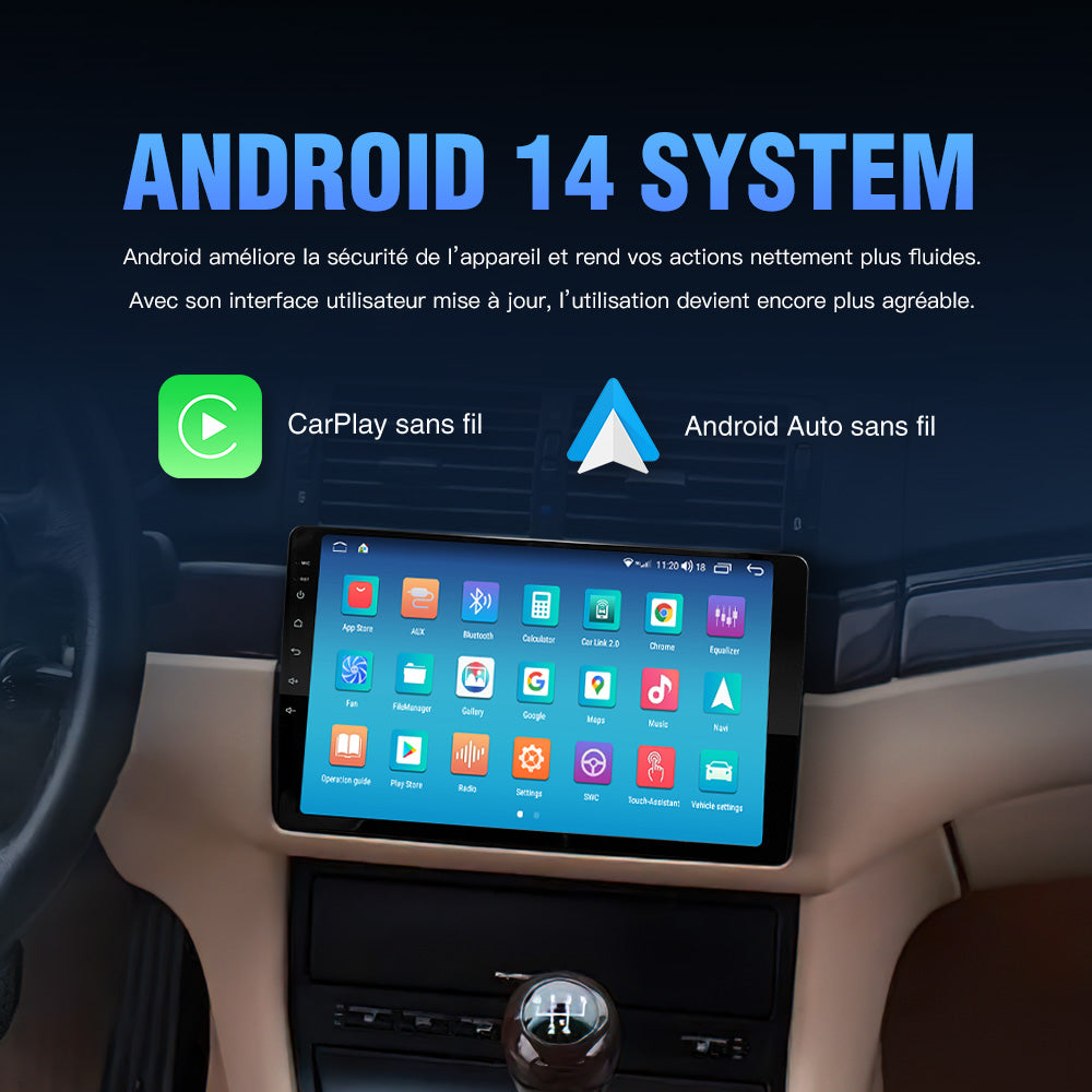Autoradio Android 14 avec CarPlay et Android Auto sans fil pour BMW E46 325i M3 Berline - Lecteur audio avec réglages personnalisés.