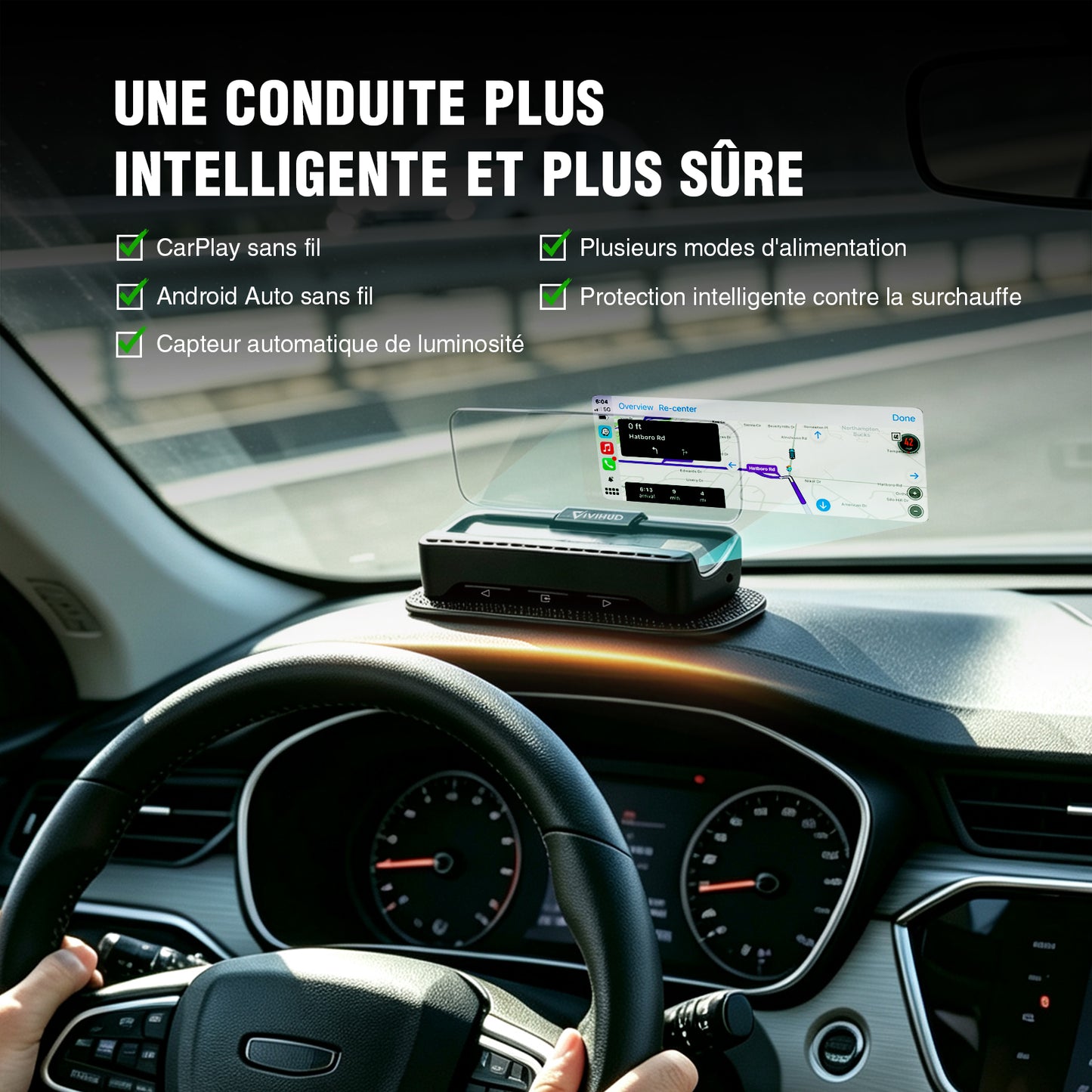 Affichage tête haute VIVIHUD V3 SE avec fonction de navigation, compatible CarPlay et Android Auto sans fil, navigation par projection haute résolution, contrôle de la musique Bluetooth