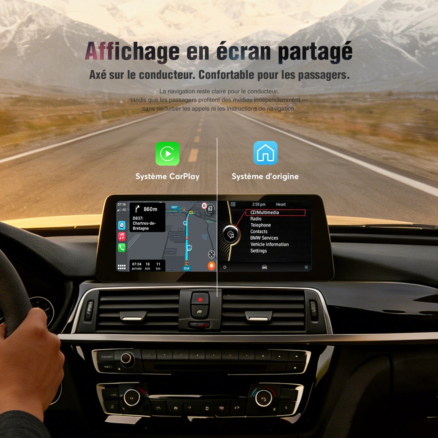 Compatibilité sans fil avec Apple CarPlay et Android Auto avec les BMW Série 3 Série 4 F30 F31 F34 F32 F33 F36 et F80 intégration OEM et Bluetooth d'origine du véhicule