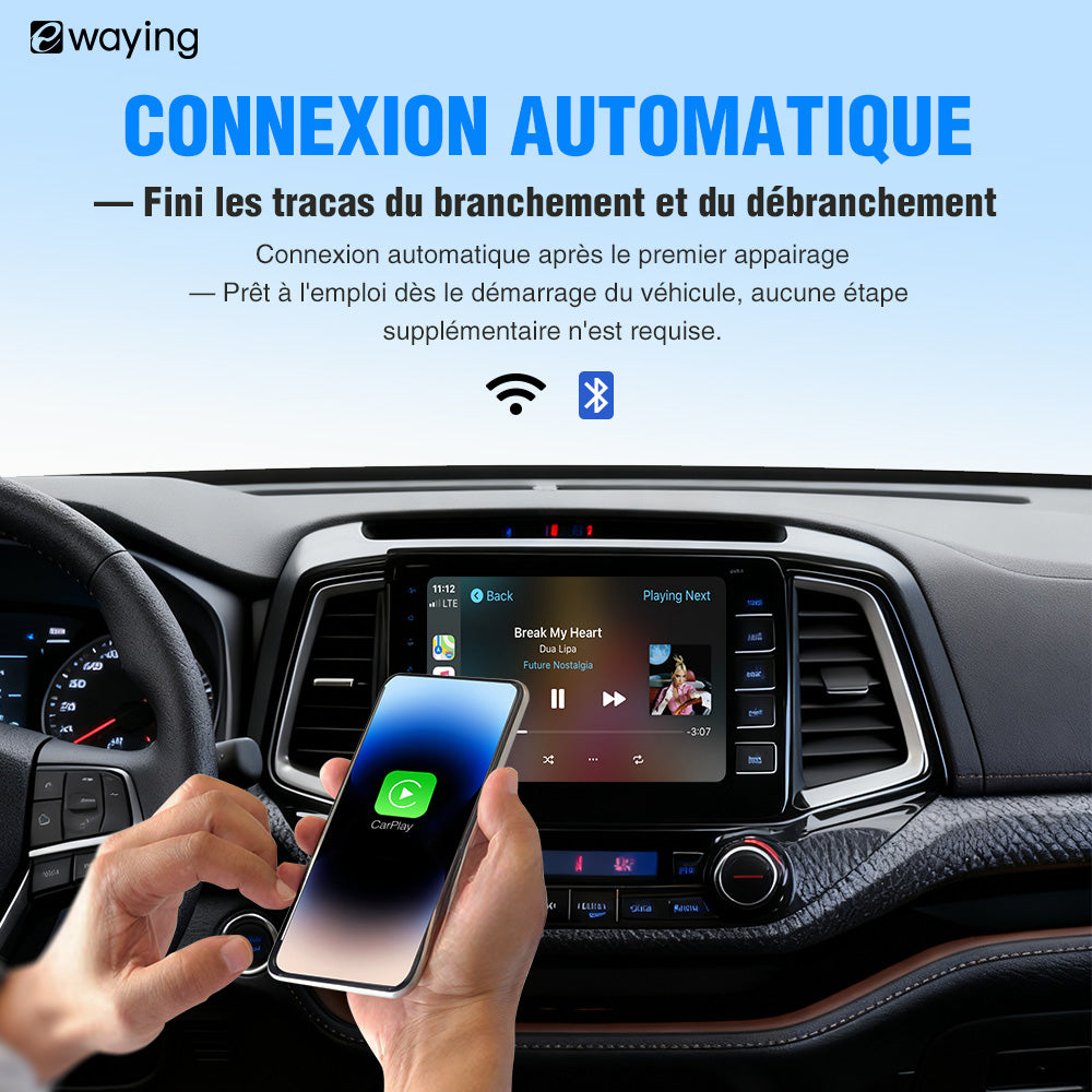 L'adaptateur 2 en 1 pour CarPlay et Android Auto convertit une connexion filaire en une connexion sans fil et est compatible via USB avec les véhicules équipés de CarPlay ou d'Android Auto.