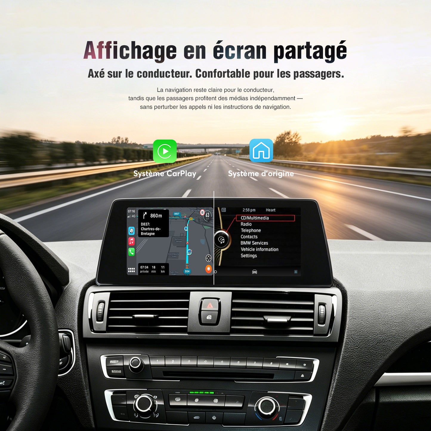 Apple CarPlay sans fil, compatible Android Auto et Android Auto pour BMW Série 1 et 2 écran IPS HD 8,8 pouces, intégration OEM et Bluetooth d'origine du véhicule