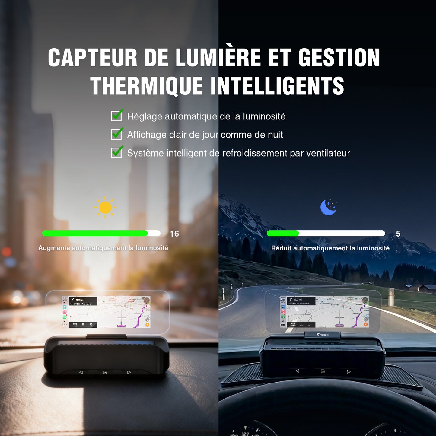 Affichage tête haute VIVIHUD V3 SE avec fonction de navigation, compatible CarPlay et Android Auto sans fil, navigation par projection haute résolution, contrôle de la musique Bluetooth