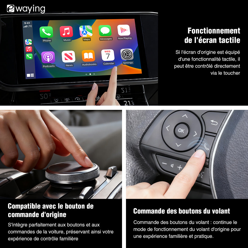 L'adaptateur 2 en 1 pour CarPlay et Android Auto convertit une connexion filaire en une connexion sans fil et est compatible via USB avec les véhicules équipés de CarPlay ou d'Android Auto.