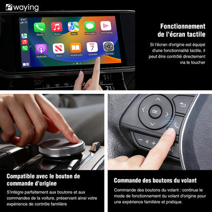L'adaptateur 2 en 1 pour CarPlay et Android Auto convertit une connexion filaire en une connexion sans fil et est compatible via USB avec les véhicules équipés de CarPlay ou d'Android Auto.