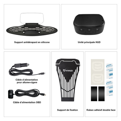 VIVIHUD Affichage Tête Haute V5 Ultra HUD à Projection Sur Pare Brise Voiture CarPlay Sans Fil Android Auto OBD2 GPS Avec Luminosité Automatique Navigation, Compteu