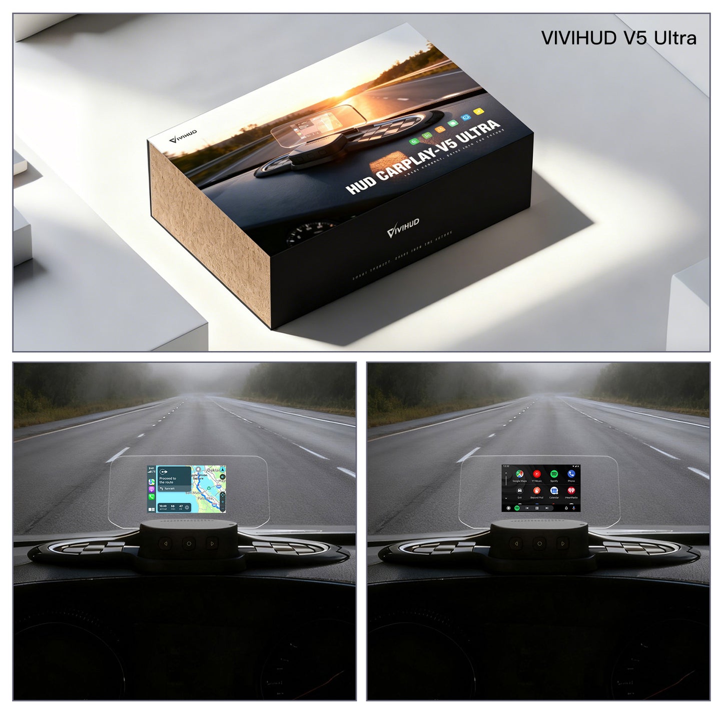 VIVIHUD Affichage Tête Haute V5 Ultra HUD à Projection Sur Pare Brise Voiture CarPlay Sans Fil Android Auto OBD2 GPS Avec Luminosité Automatique Navigation, Compteu