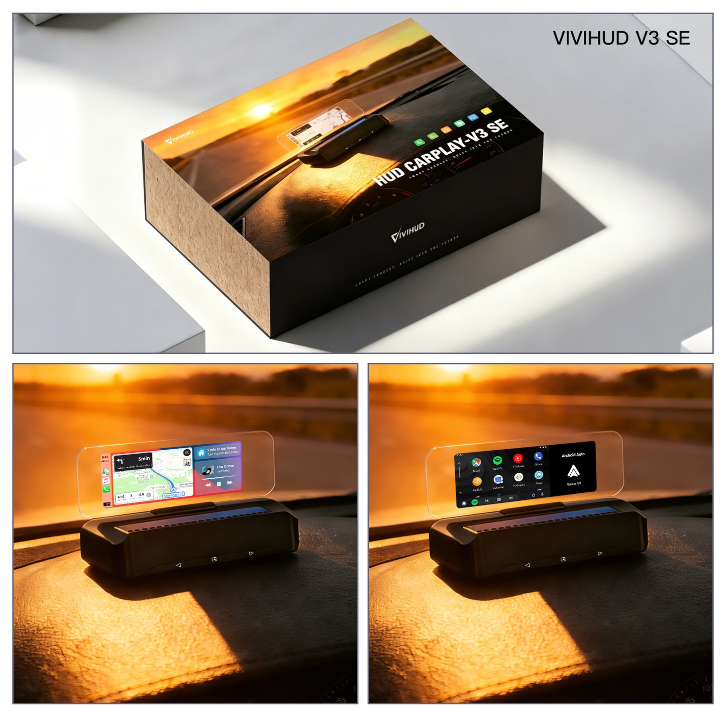 Affichage tête haute VIVIHUD V3 SE avec fonction de navigation, compatible CarPlay et Android Auto sans fil, navigation par projection haute résolution, contrôle de la musique Bluetooth
